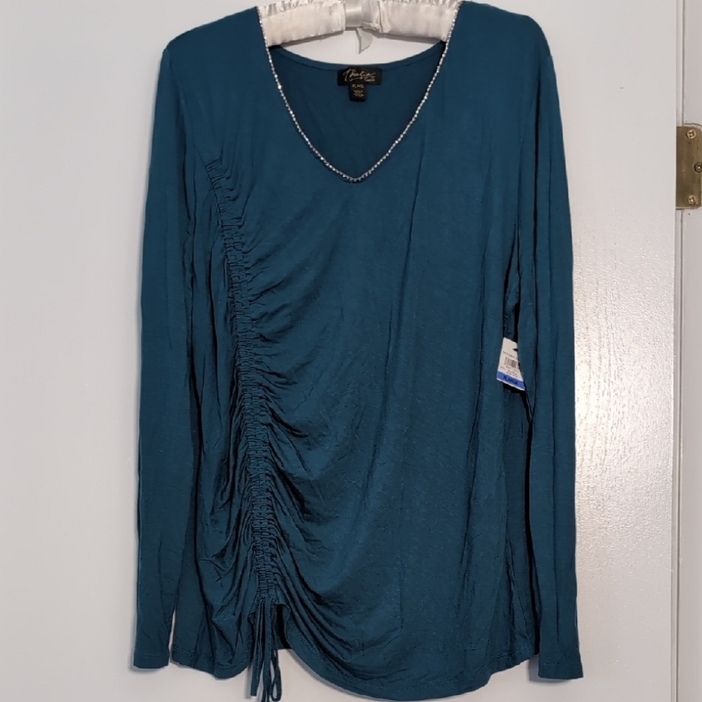 Thalia Sodi Teal Ruched Crystal Embellished Long Sleeve Blouse XL NWT